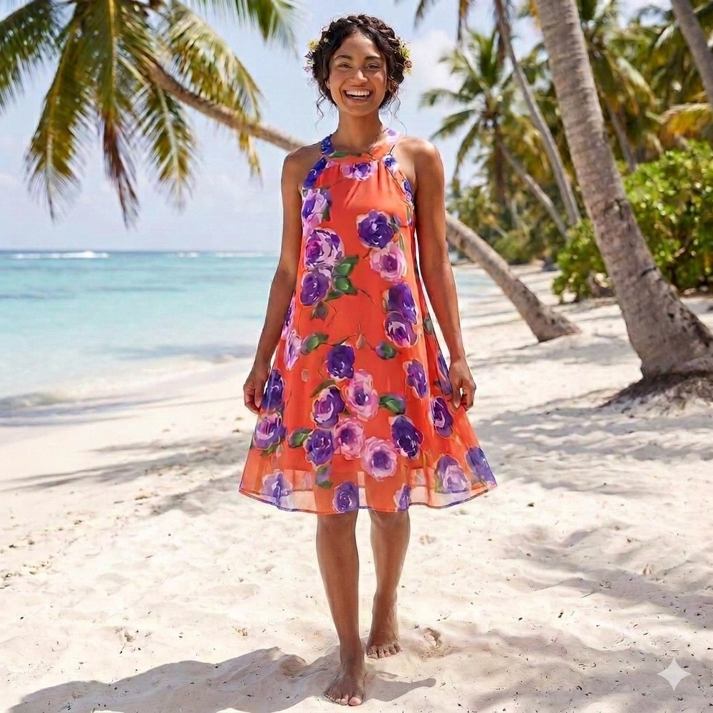 Betsey Johnson Floral Halter Dress Womens 12 Coral Purple Rose A-Line Summer